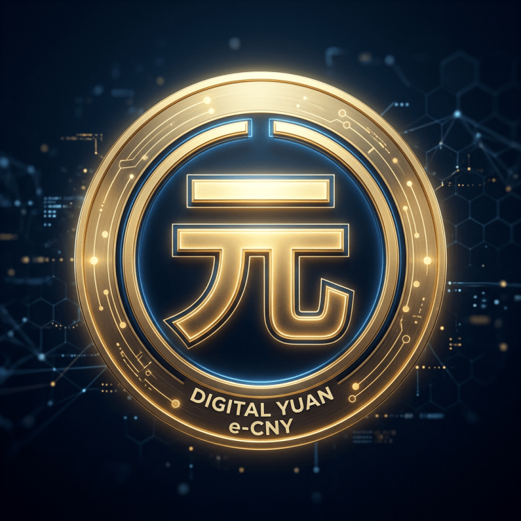 Glowing gold Digital Yuan coin with Chinese yuan symbol and digital circuit background